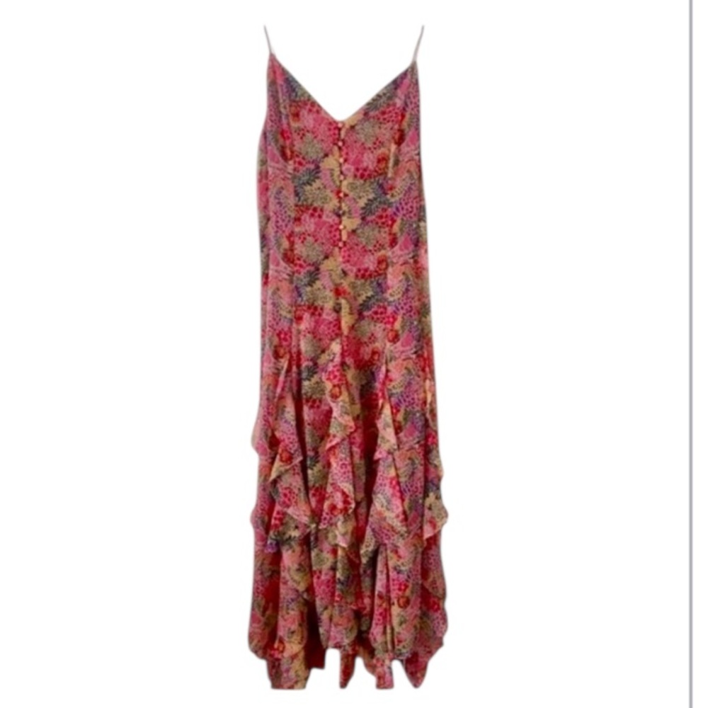 12th Tribe Floral Pink Red Gold Layered Ruffles Sleeveless V Neck Maxi Dress